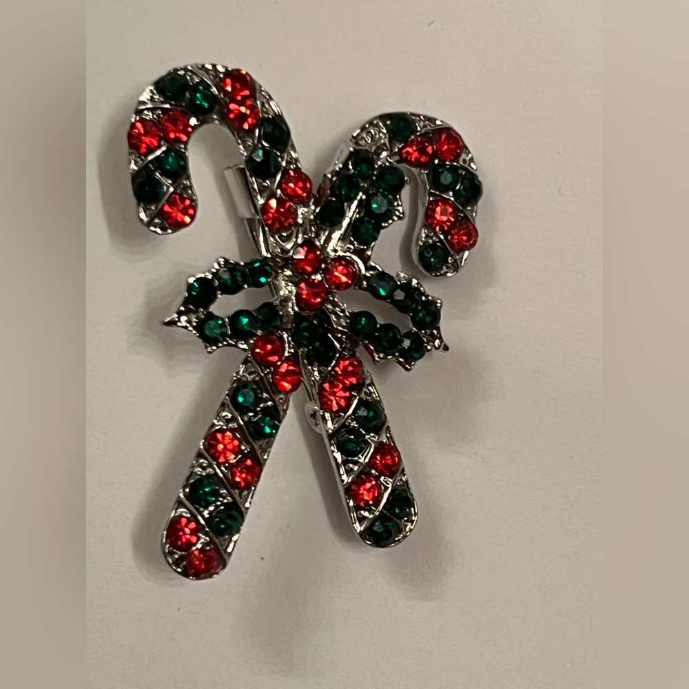 Festive Candy Cane Brooch with Red and Green Crystals